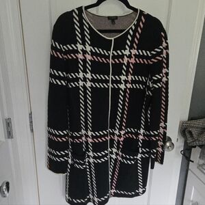 Talbots Black/Ivory/Pink Plaid Coatigan Size L
